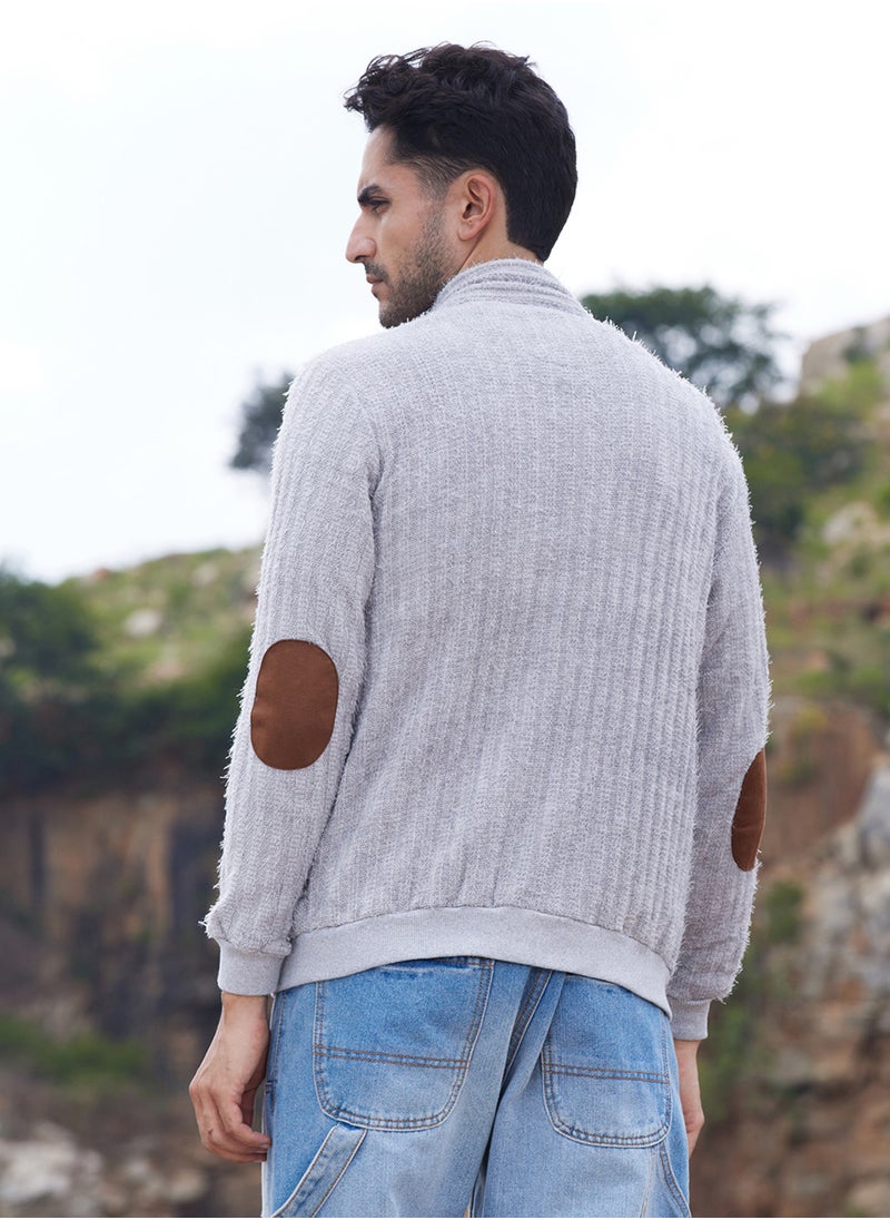 Men's Light Grey Self-Design Striped Knitted Jacket
