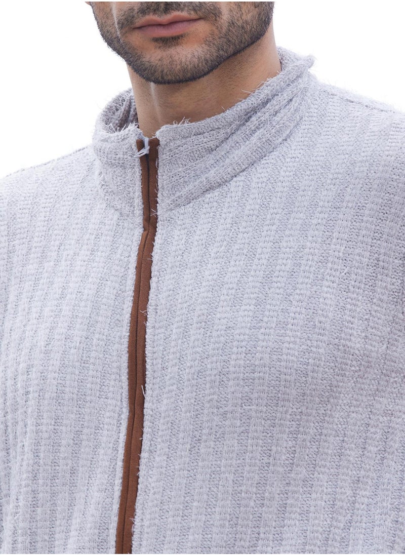 Men's Light Grey Self-Design Striped Knitted Jacket