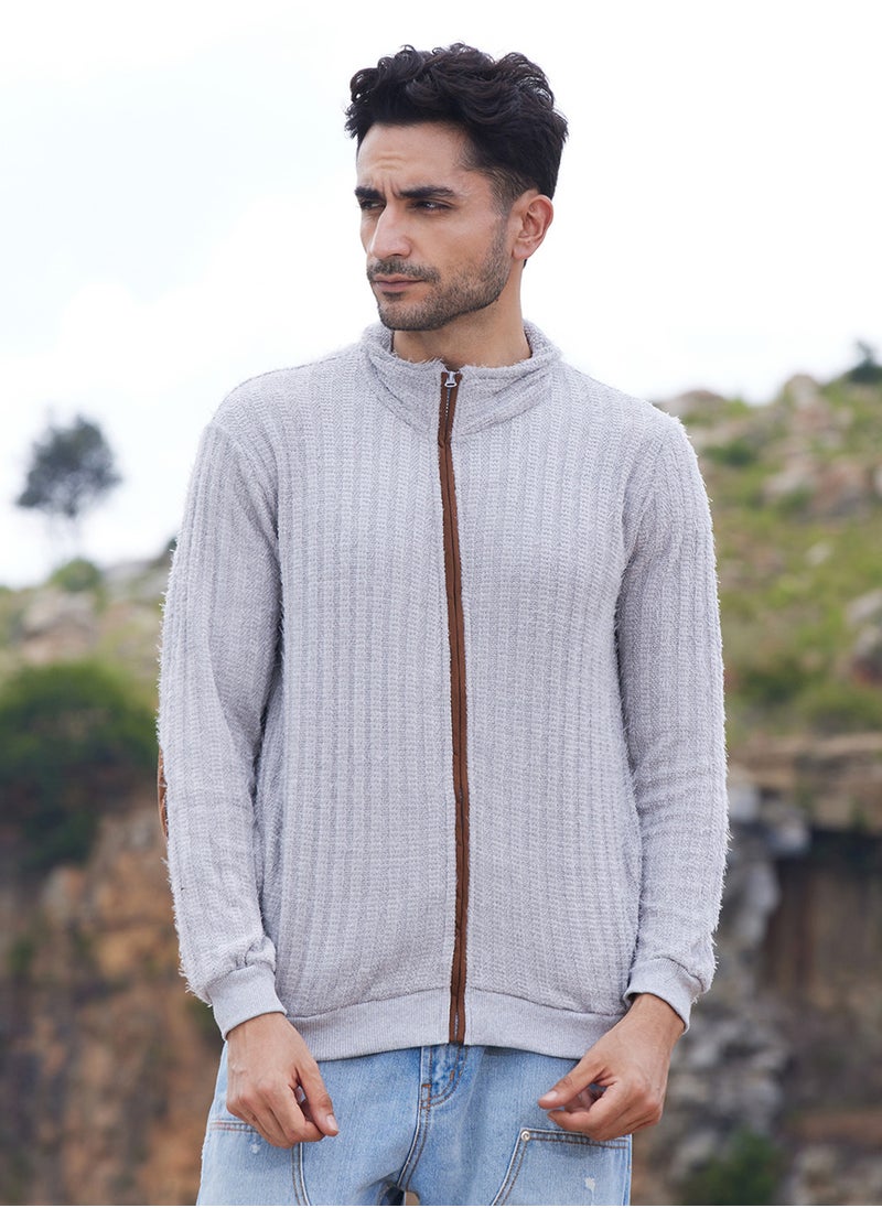 Men's Light Grey Self-Design Striped Knitted Jacket