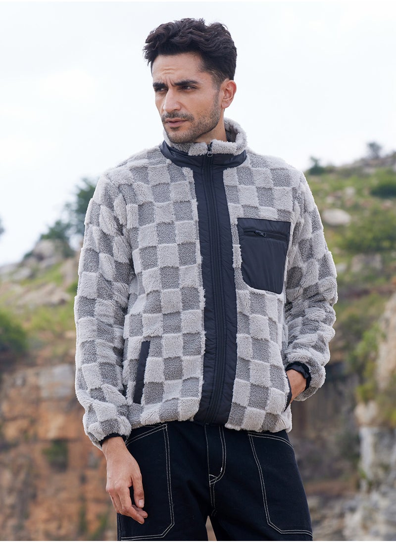 Men's Moon Grey Fleece Buffalo Check Puffer Jacket