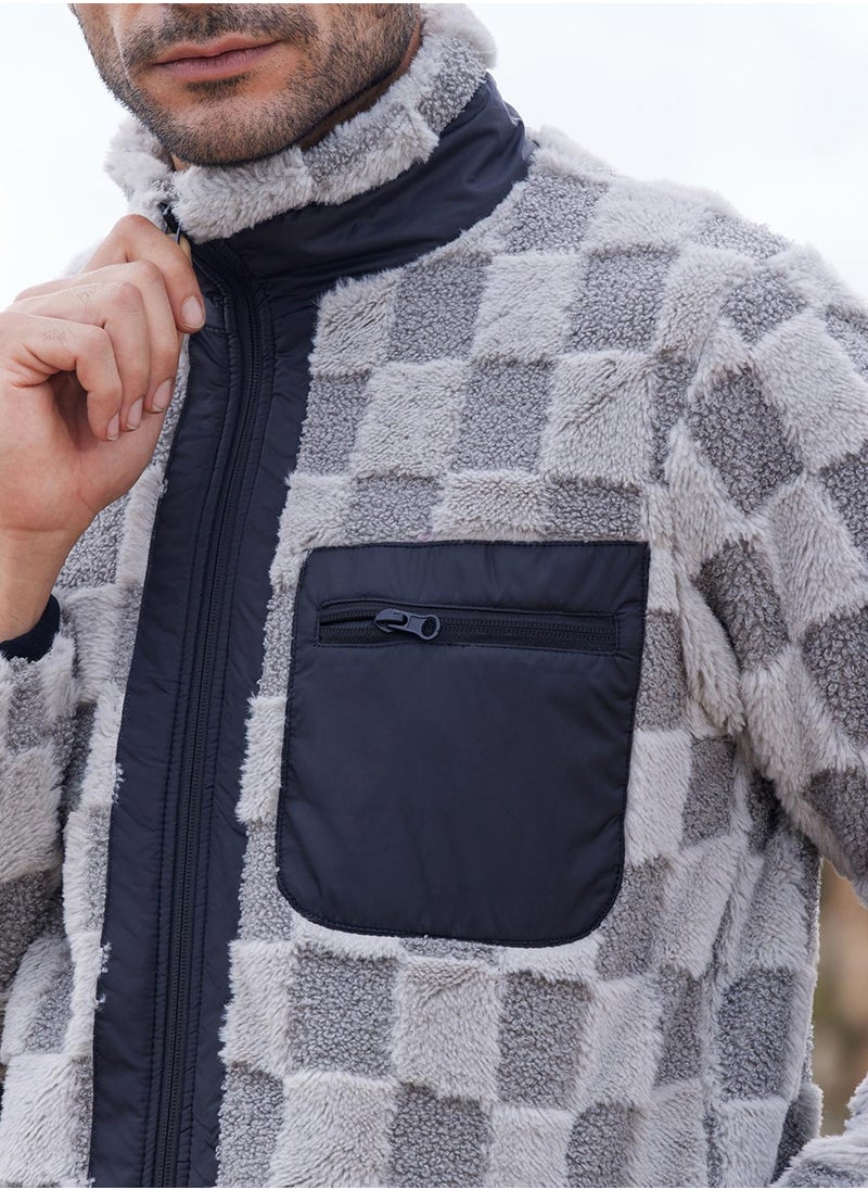 Men's Moon Grey Fleece Buffalo Check Puffer Jacket