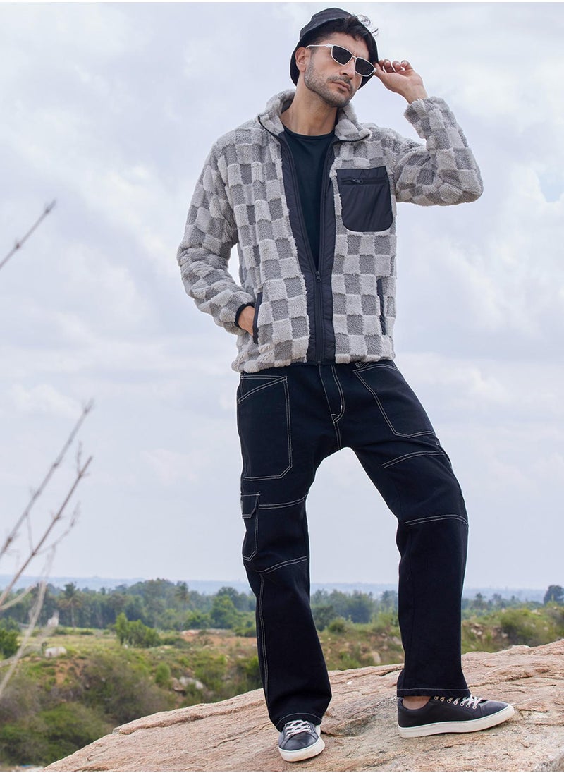 Men's Moon Grey Fleece Buffalo Check Puffer Jacket