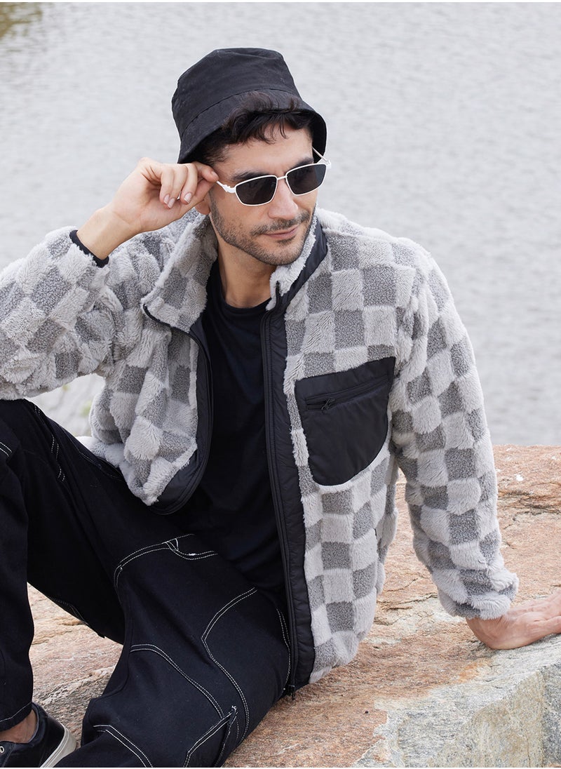 Men's Moon Grey Fleece Buffalo Check Puffer Jacket