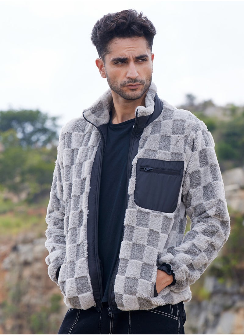 Men's Moon Grey Fleece Buffalo Check Puffer Jacket
