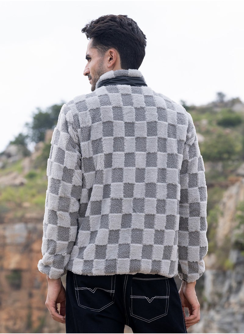 Men's Moon Grey Fleece Buffalo Check Puffer Jacket