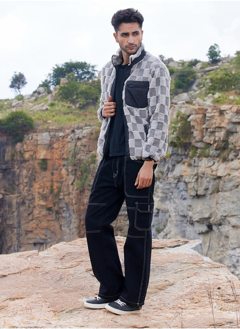 Men's Moon Grey Fleece Buffalo Check Puffer Jacket