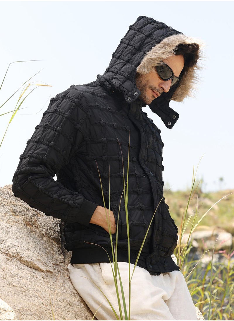 Men's Carbon Black Self-Design Puffer Jacket With Fleece Hood