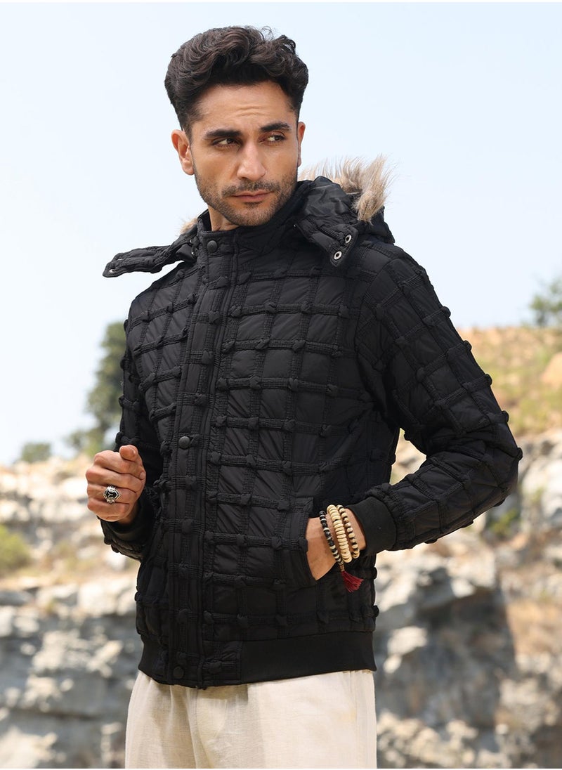 Men's Carbon Black Self-Design Puffer Jacket With Fleece Hood