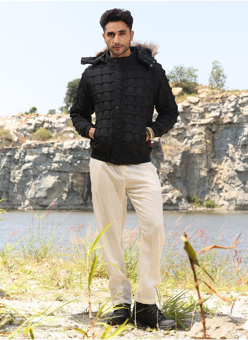 Men's Carbon Black Self-Design Puffer Jacket With Fleece Hood