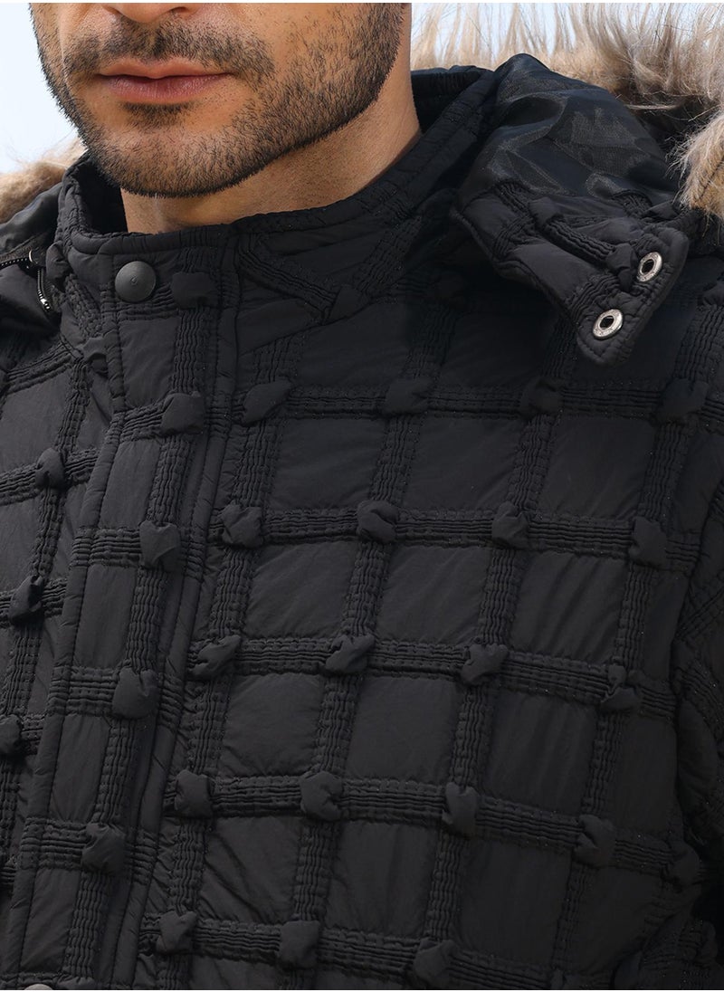 Men's Carbon Black Self-Design Puffer Jacket With Fleece Hood
