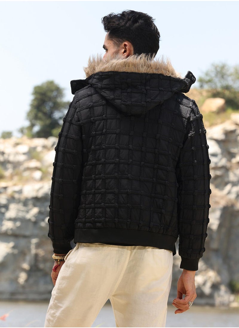 Men's Carbon Black Self-Design Puffer Jacket With Fleece Hood