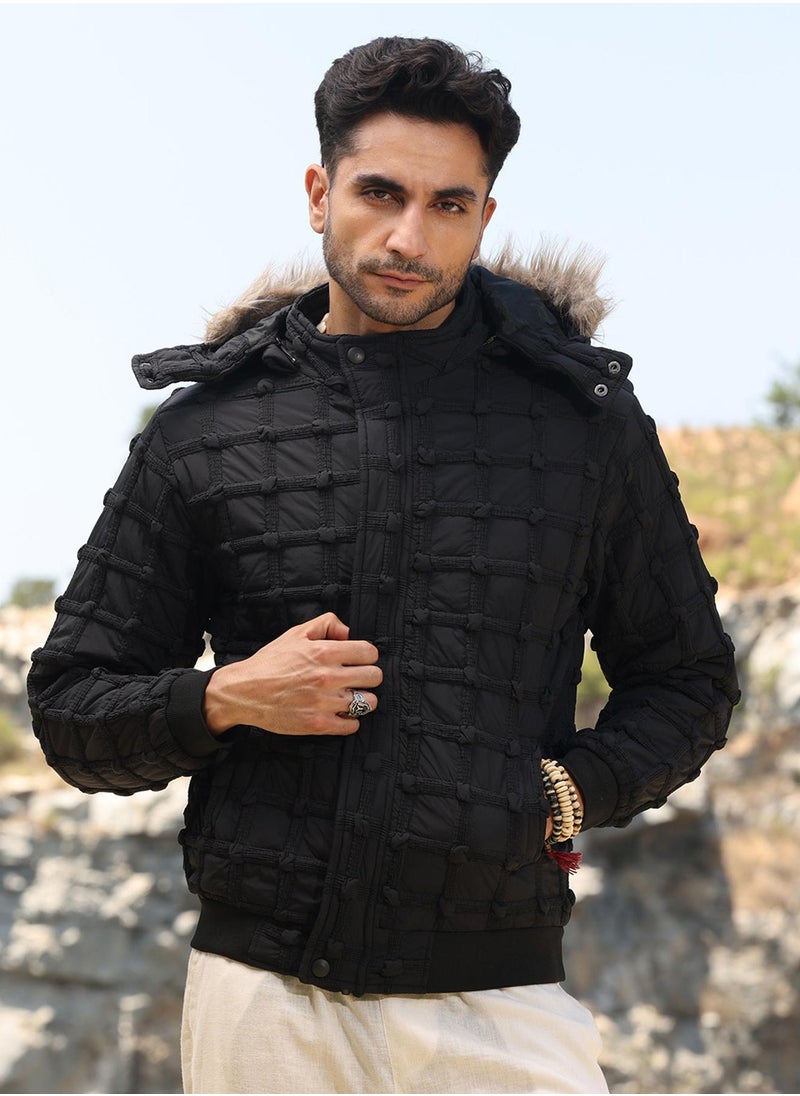 Men's Carbon Black Self-Design Puffer Jacket With Fleece Hood