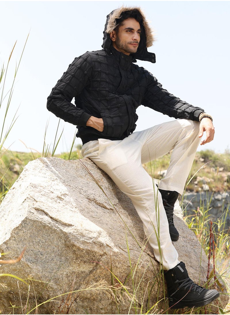 Men's Carbon Black Self-Design Puffer Jacket With Fleece Hood