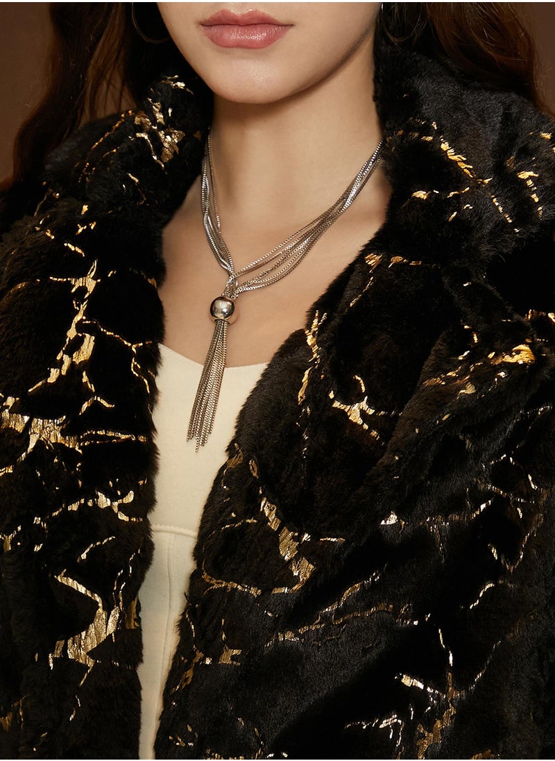 Women's Onyx Black Metallic-Veined Fur Long Coat