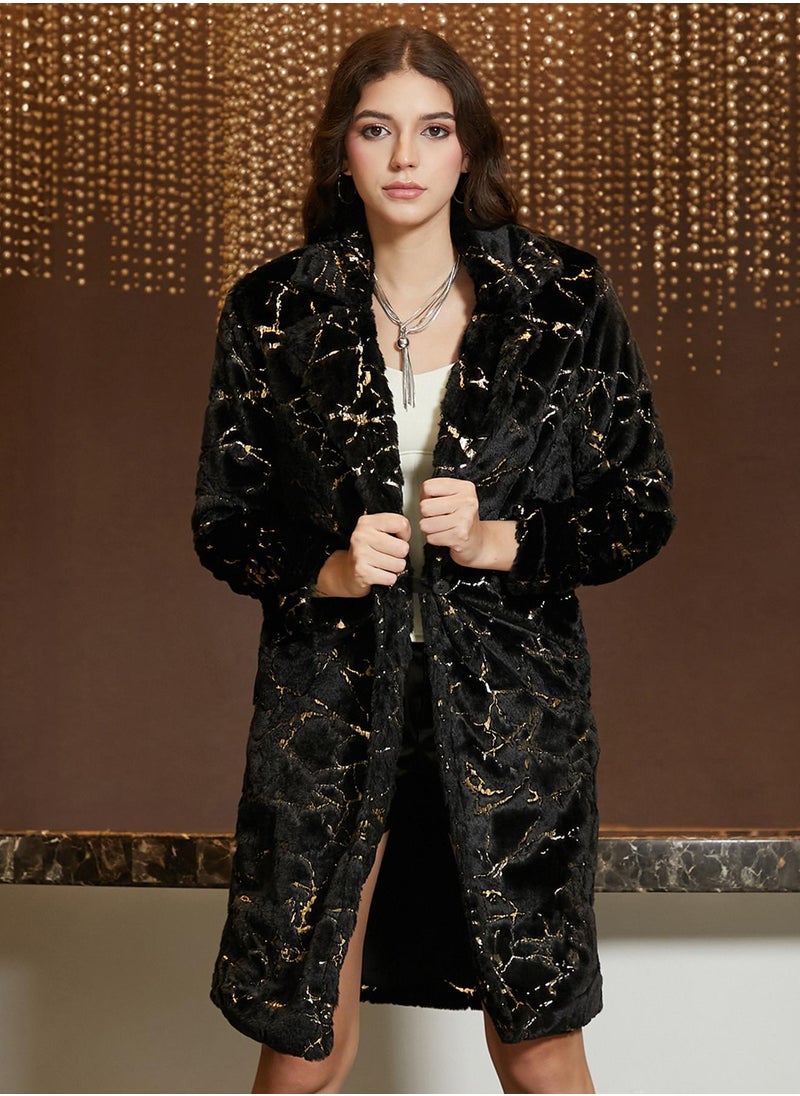 Women's Onyx Black Metallic-Veined Fur Long Coat