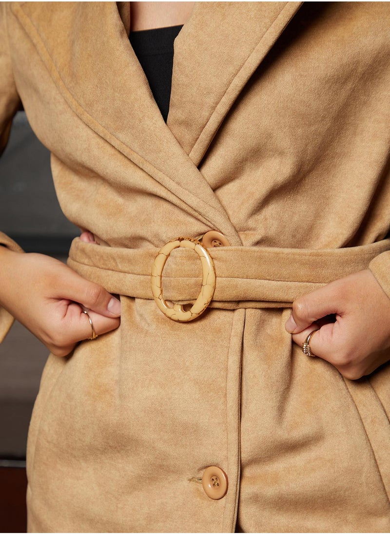 Women's Buff Beige Belted Long Coat