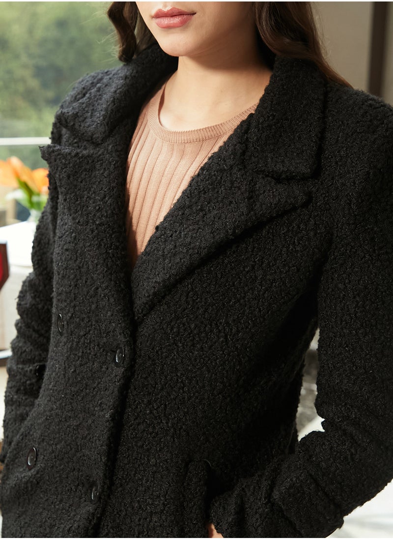 Women's Onyx Black Double-Breasted Fleece Long Coat