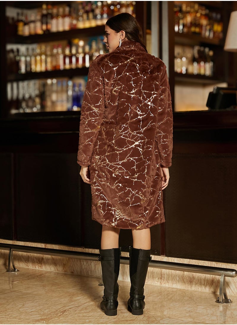 Women's Chocolate Brown Metallic-Veined Fur Long Coat