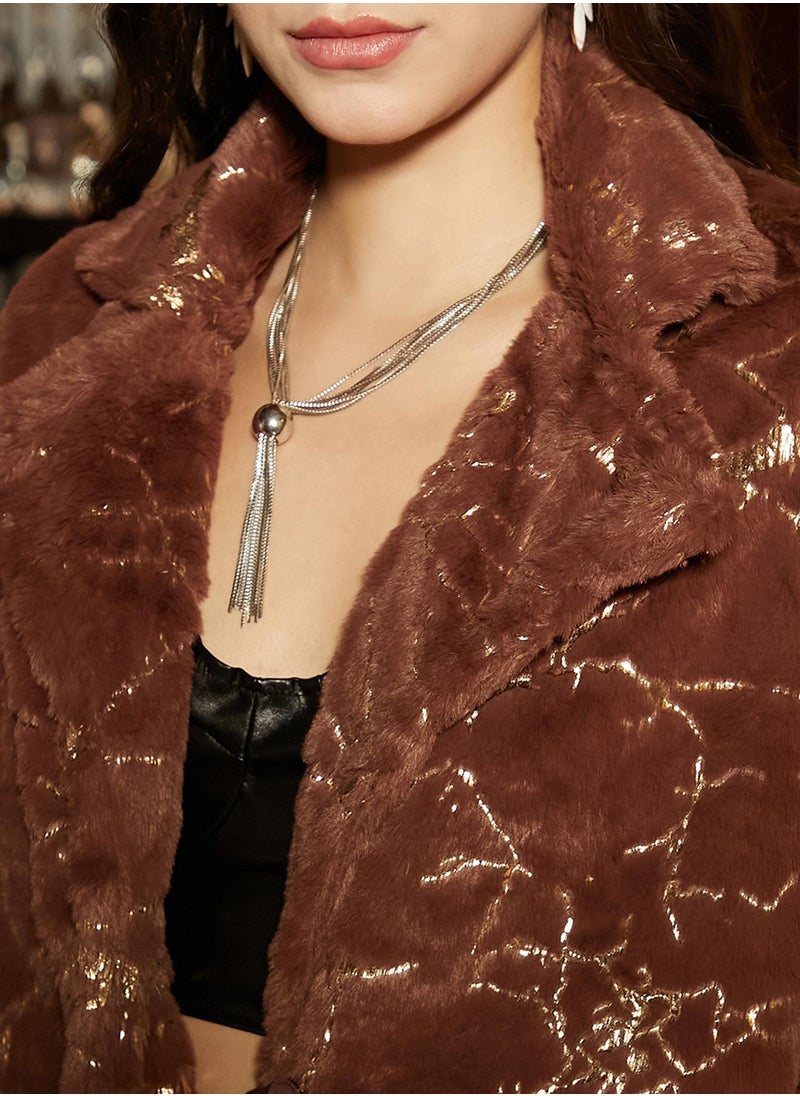Women's Chocolate Brown Metallic-Veined Fur Long Coat