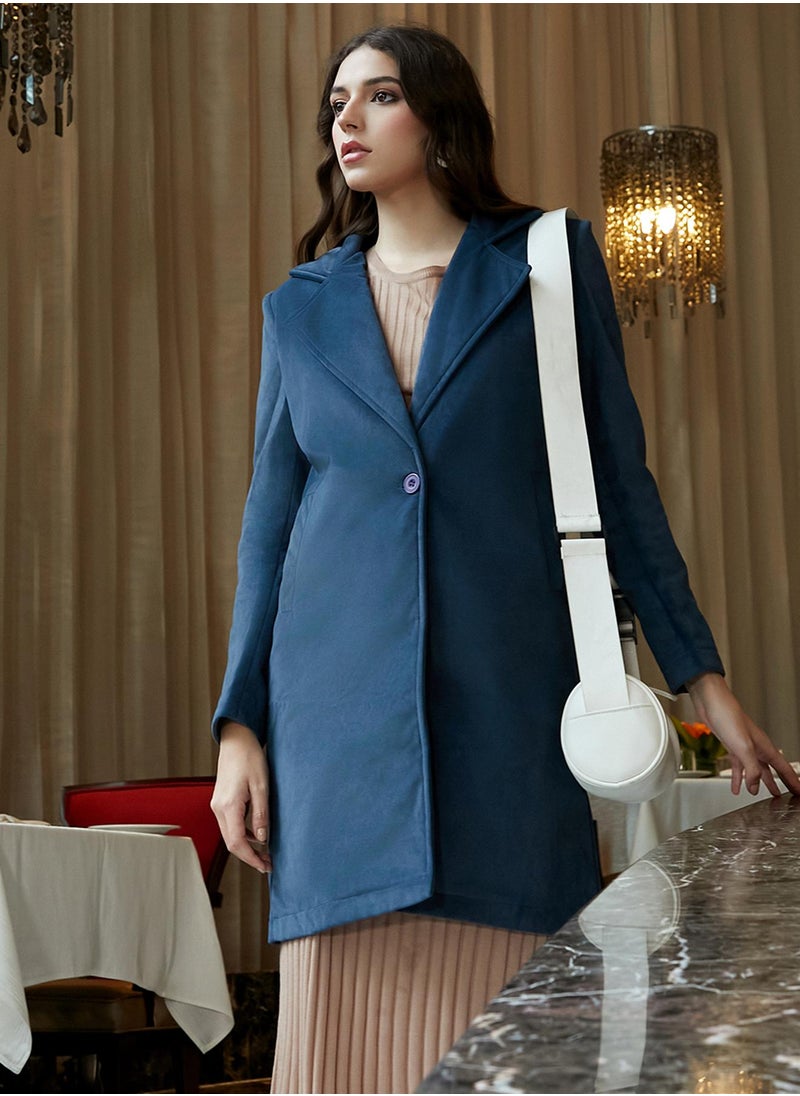 Women's Ocean Blue Single-Breasted Suede Long Coat