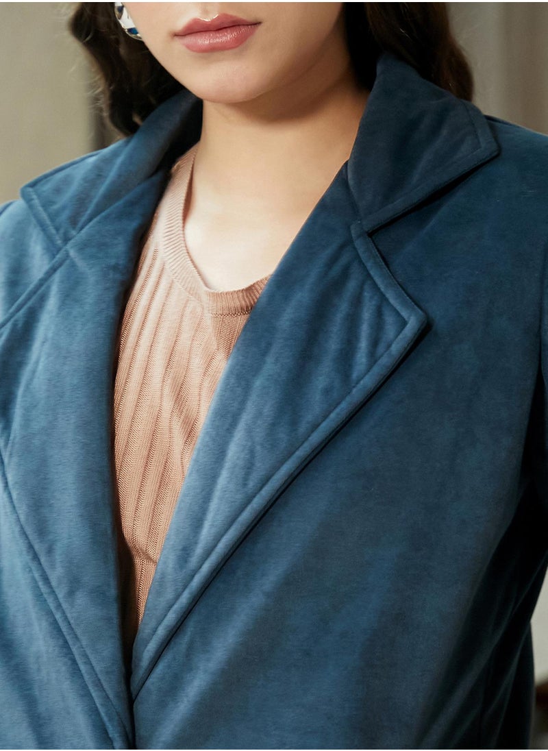 Women's Ocean Blue Single-Breasted Suede Long Coat