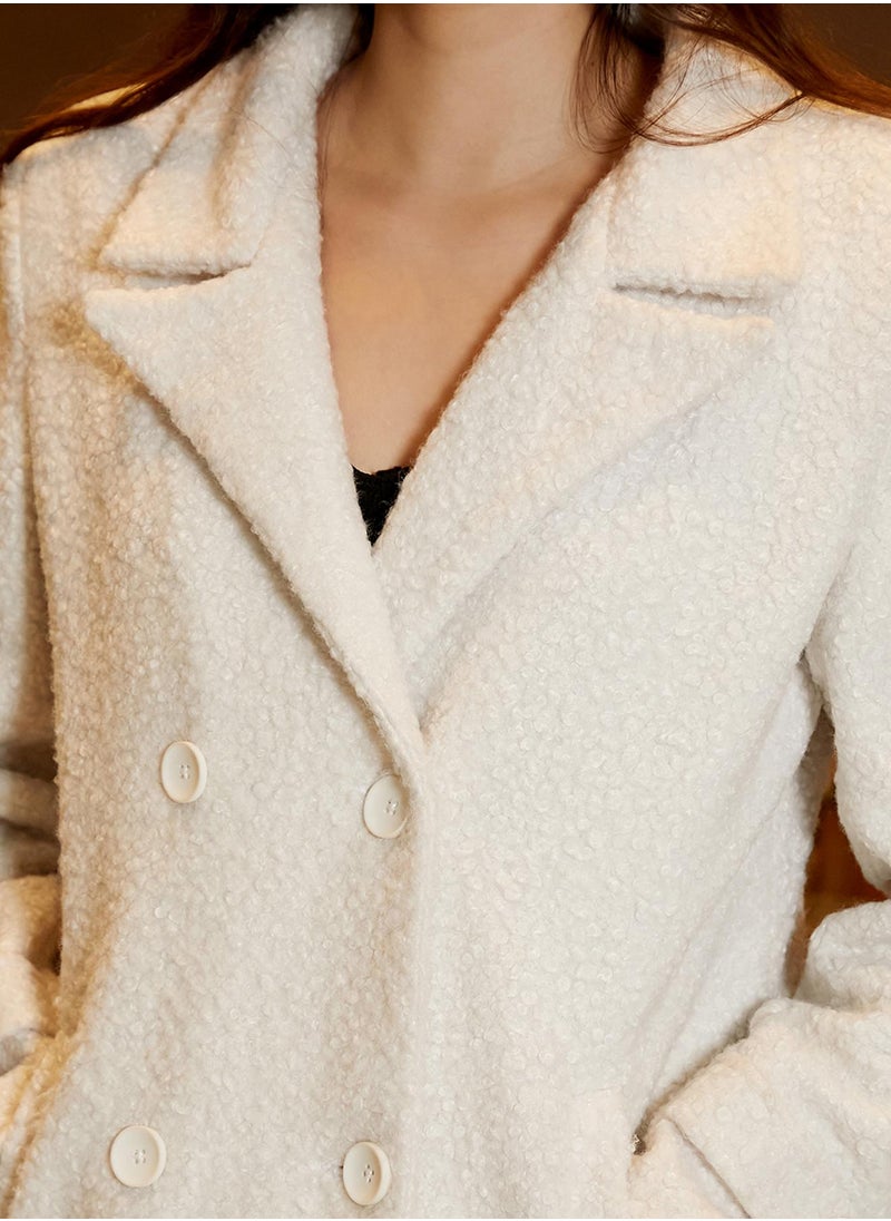 Women's Ivory White Double-Breasted Fleece Long Coat