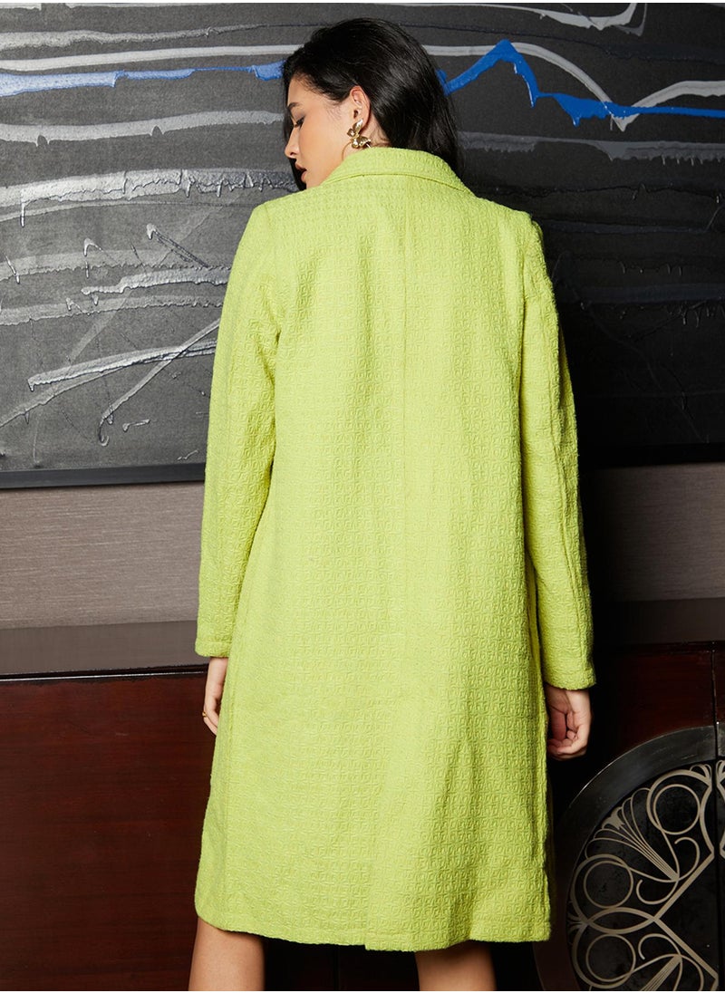 Women's Neon Green Double-Breasted Textured Long Coat