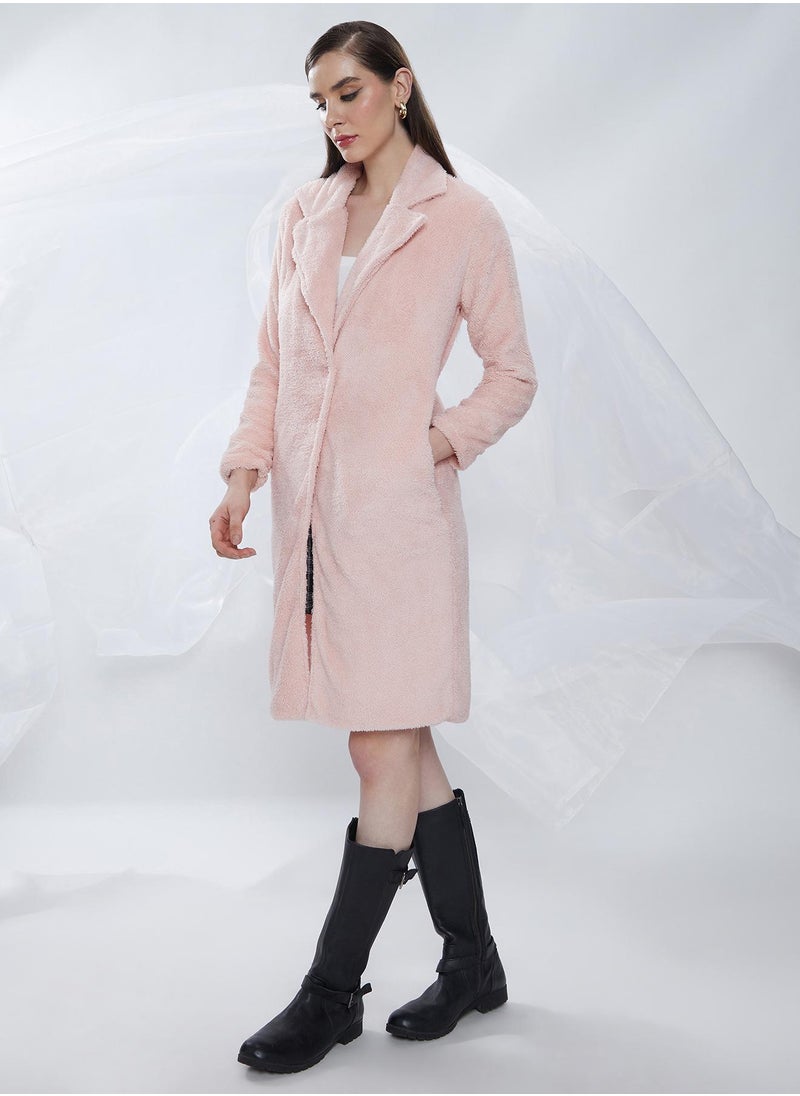 Women's Baby Pink Single-Breasted Fleece Long Coat