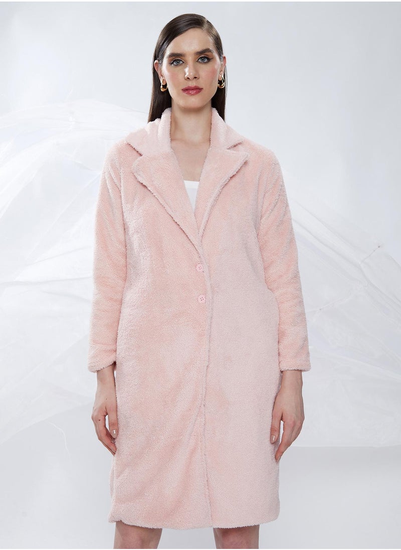 Women's Baby Pink Single-Breasted Fleece Long Coat