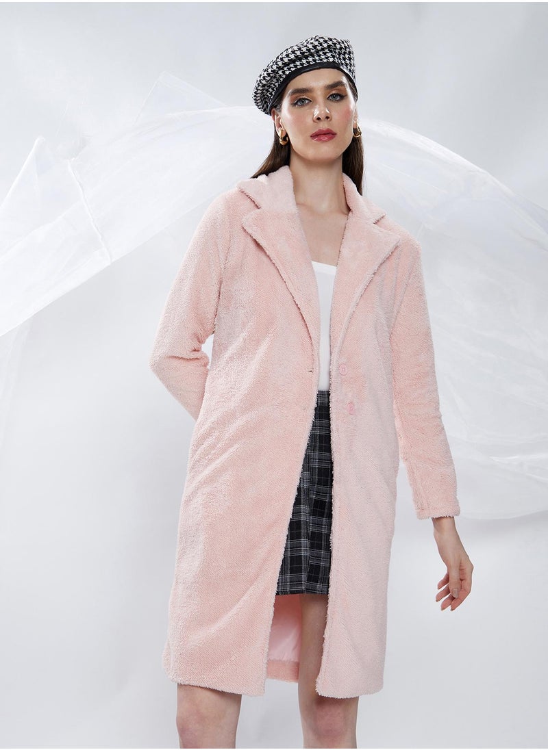 Women's Baby Pink Single-Breasted Fleece Long Coat