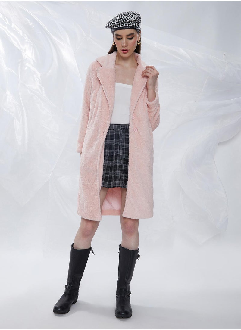Women's Baby Pink Single-Breasted Fleece Long Coat