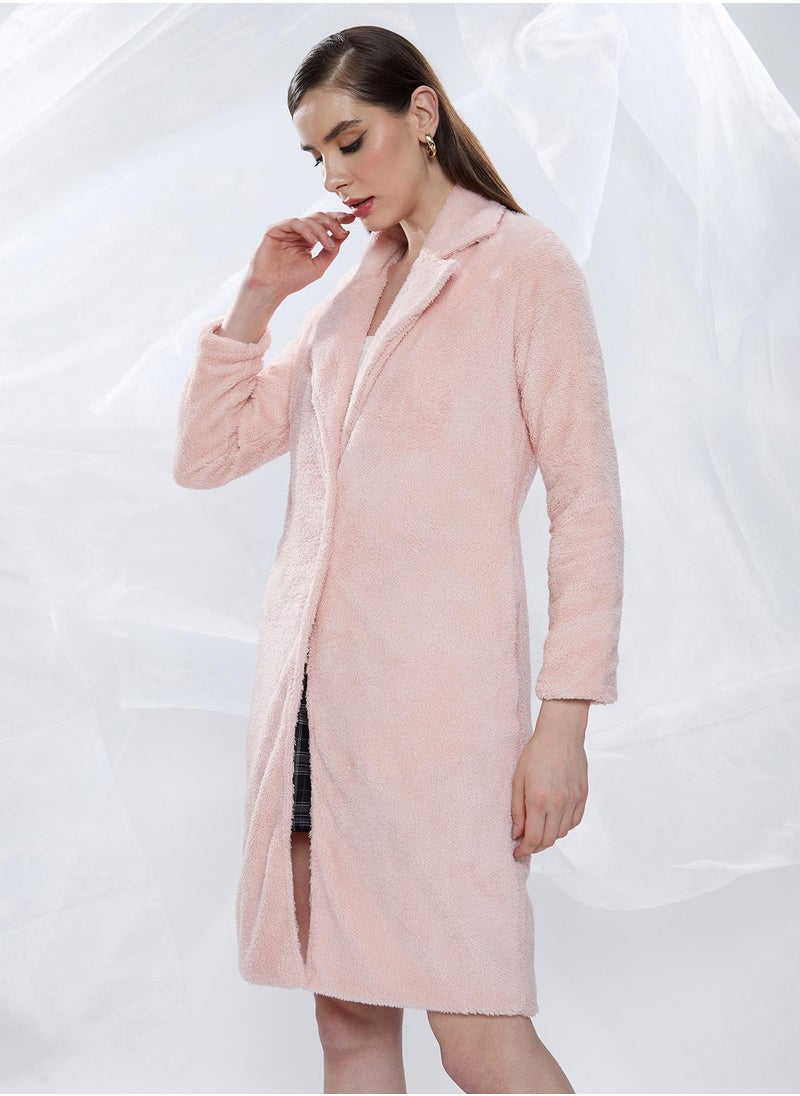Women's Baby Pink Single-Breasted Fleece Long Coat