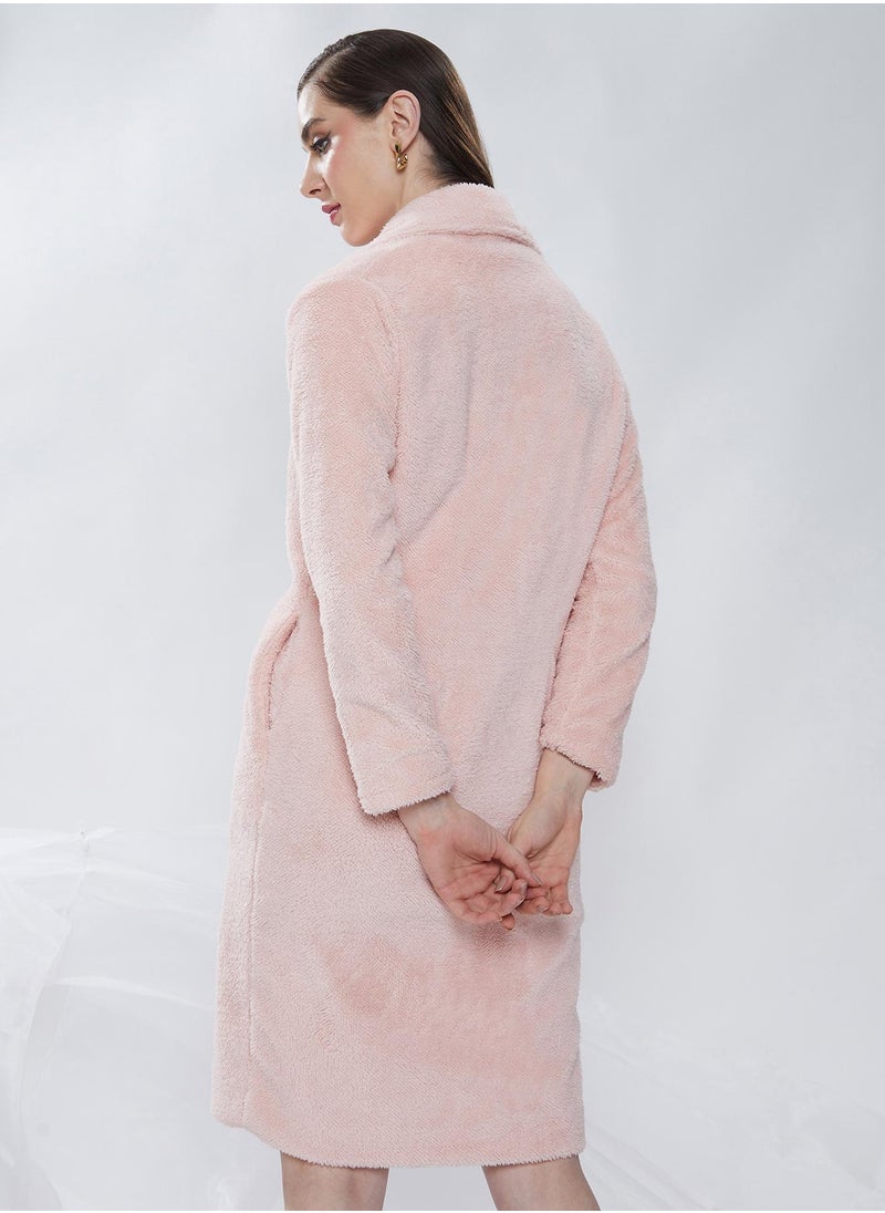 Women's Baby Pink Single-Breasted Fleece Long Coat
