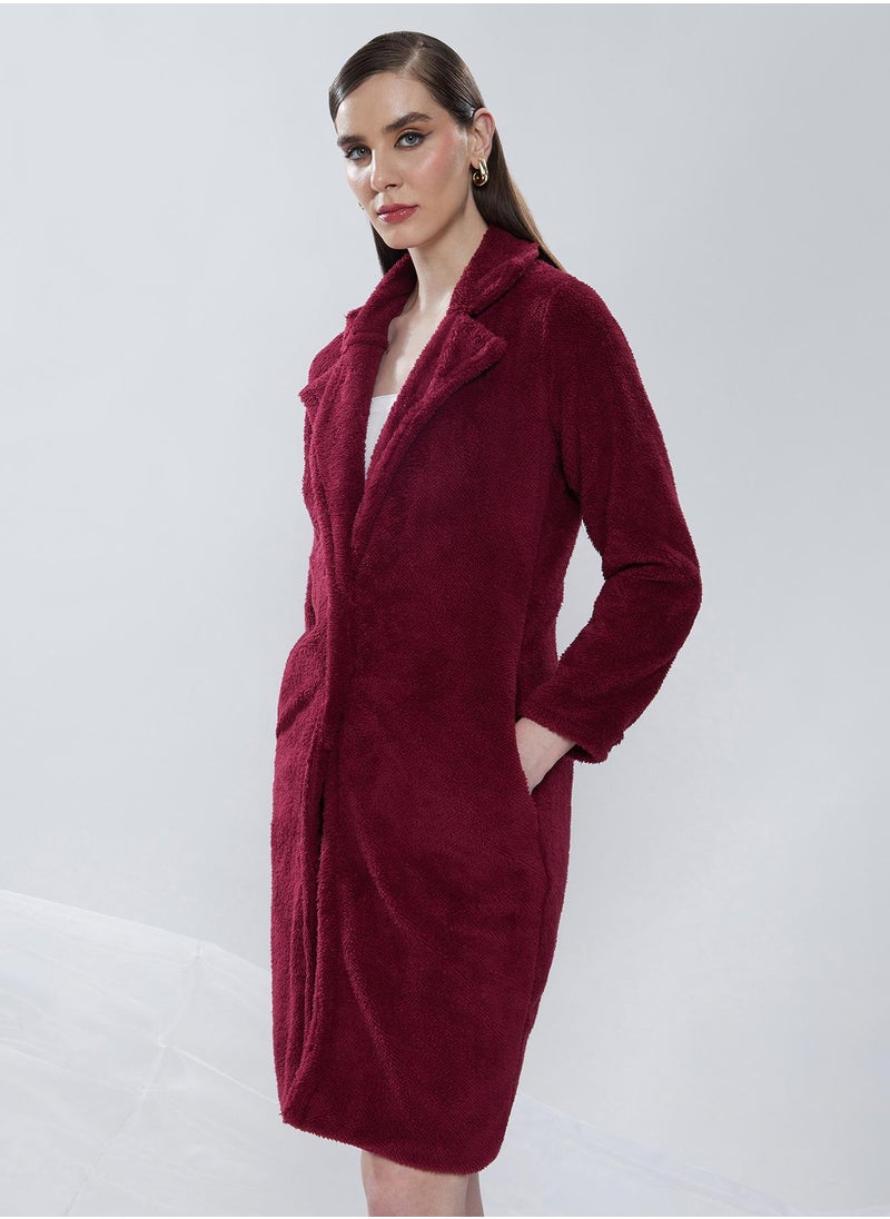 Women's Burdundy Red Single-Breasted Fleece Long Coat