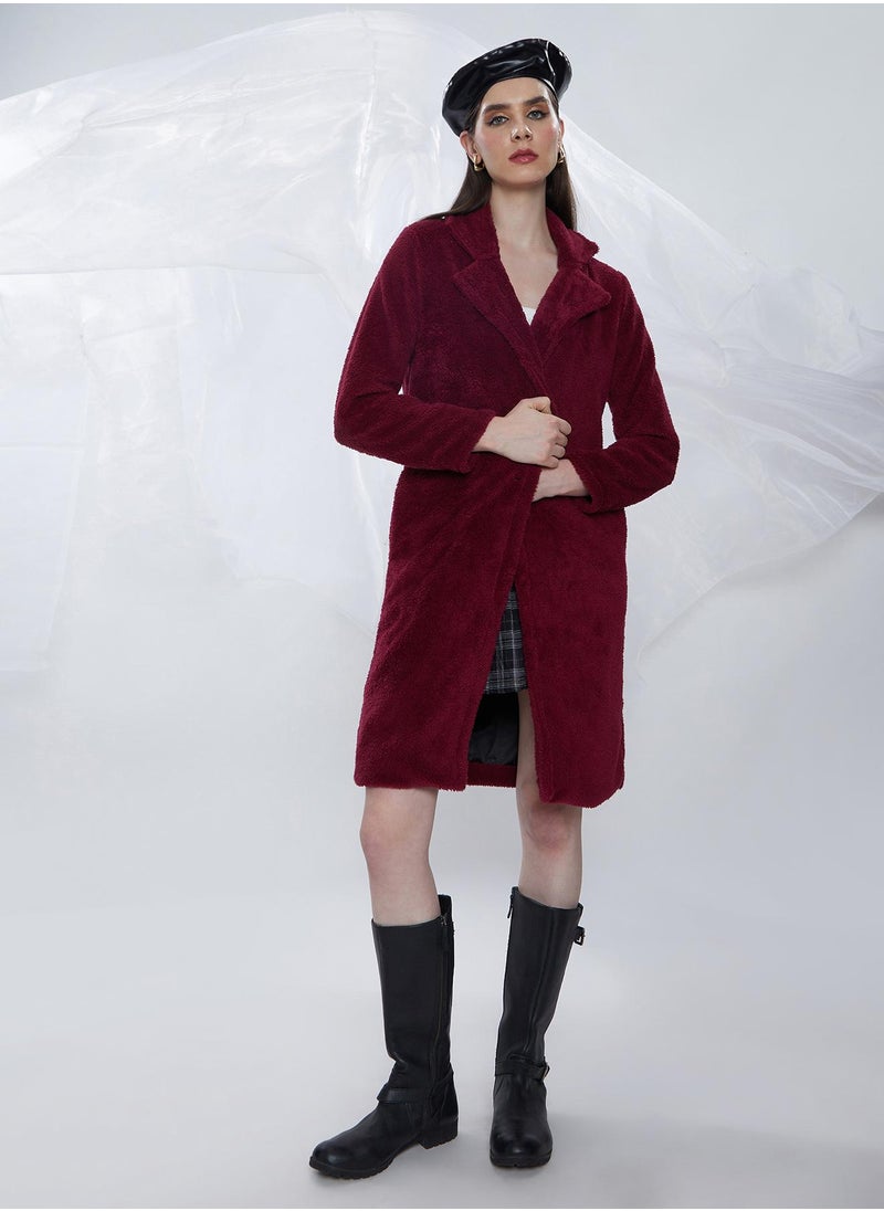 Women's Burdundy Red Single-Breasted Fleece Long Coat