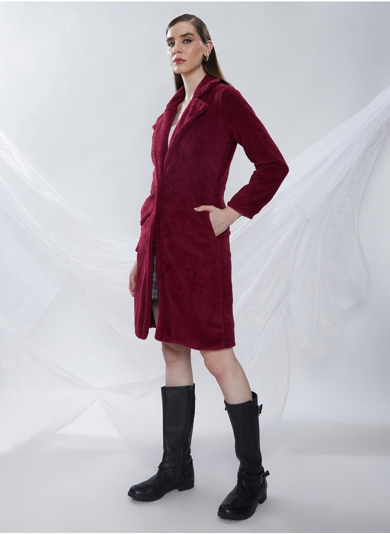 Women's Burdundy Red Single-Breasted Fleece Long Coat
