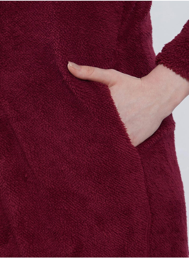 Women's Burdundy Red Single-Breasted Fleece Long Coat
