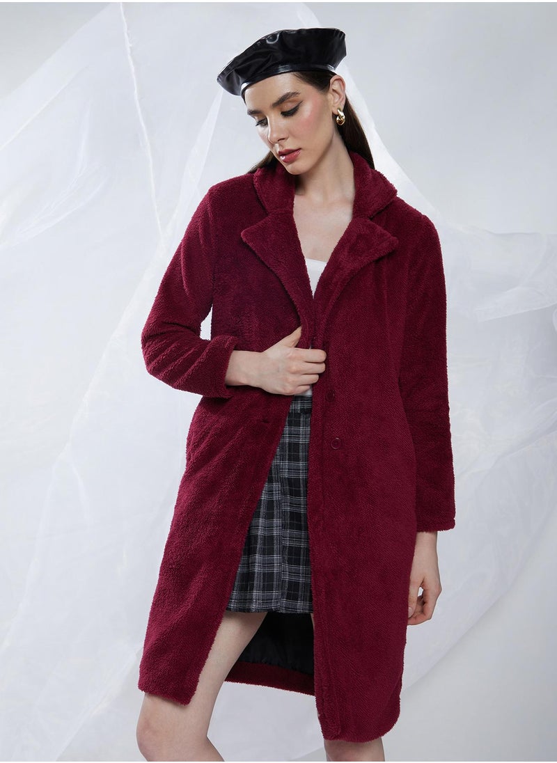 Women's Burdundy Red Single-Breasted Fleece Long Coat
