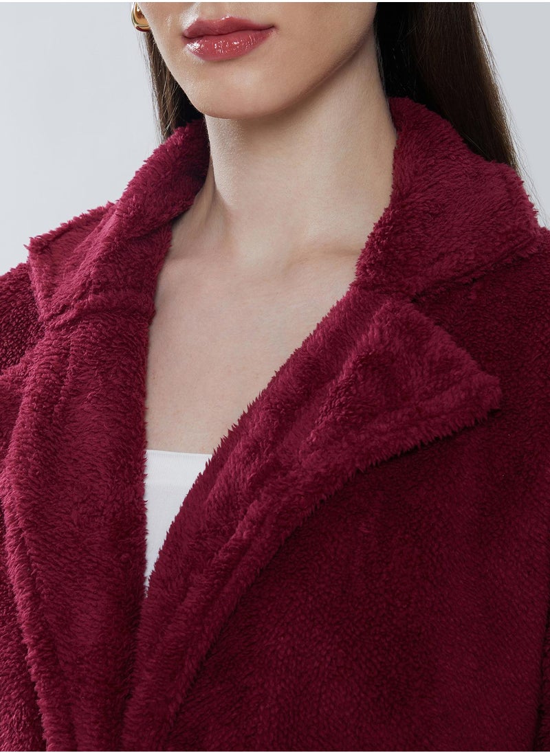 Women's Burdundy Red Single-Breasted Fleece Long Coat
