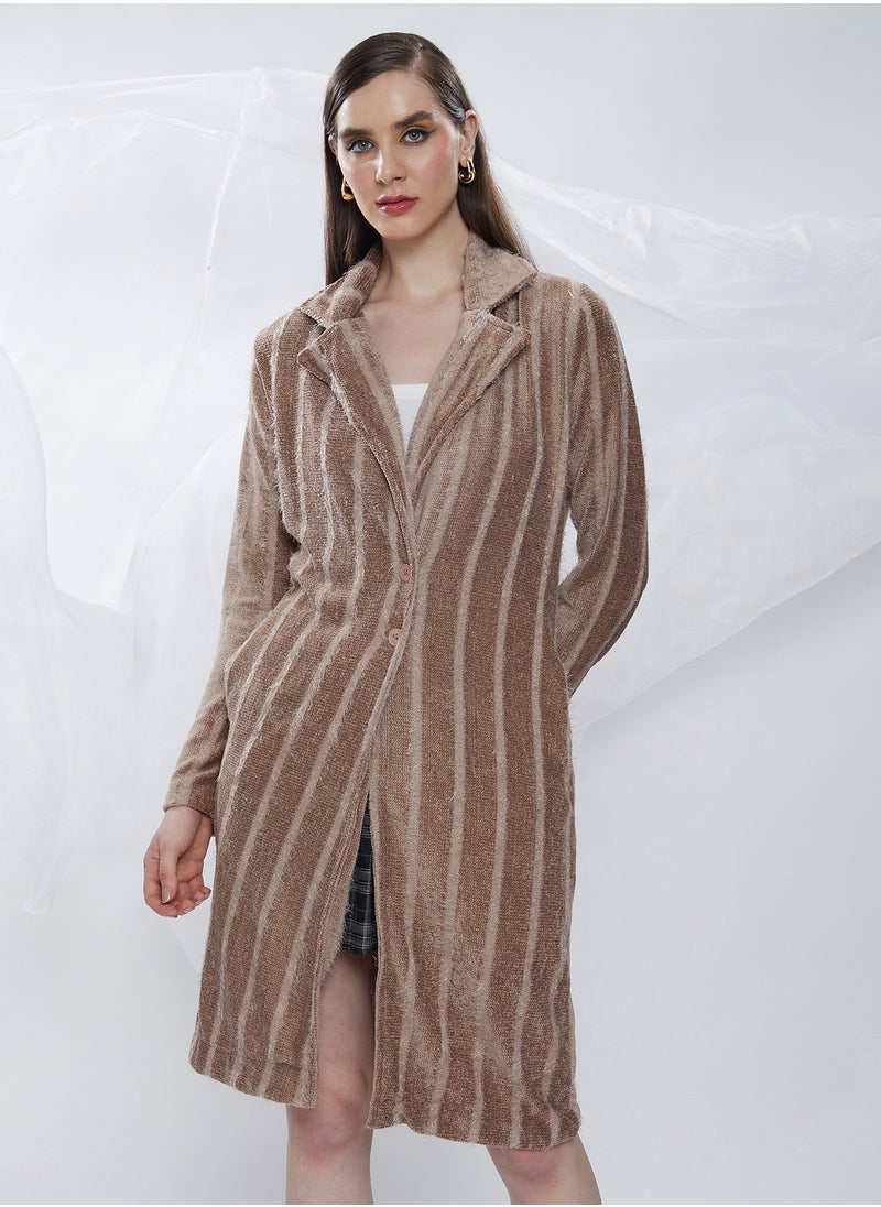 Women's Ash Brown Single-Breasted Striped Long Coat