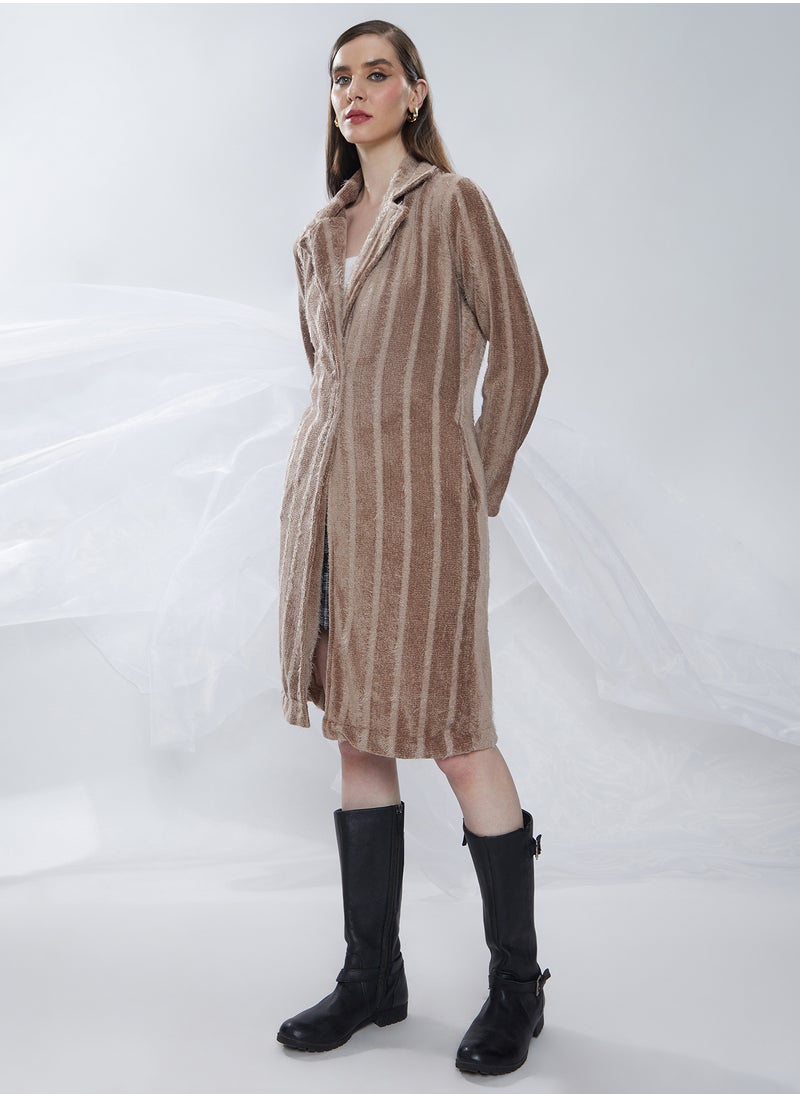 Women's Ash Brown Single-Breasted Striped Long Coat