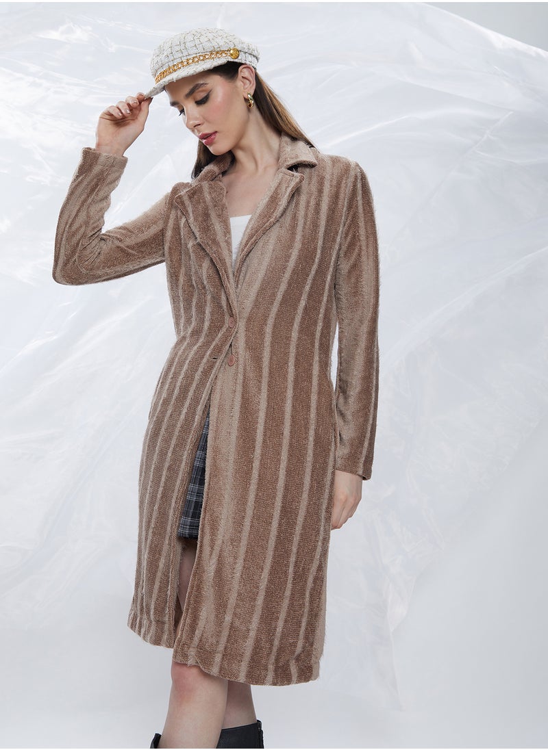 Women's Ash Brown Single-Breasted Striped Long Coat