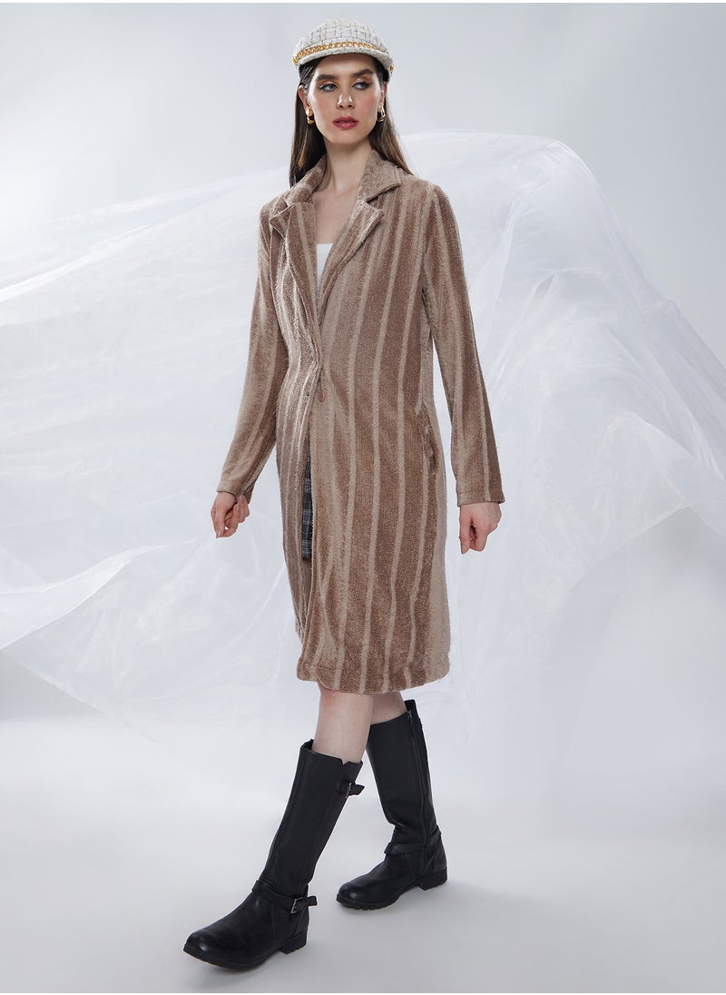 Women's Ash Brown Single-Breasted Striped Long Coat