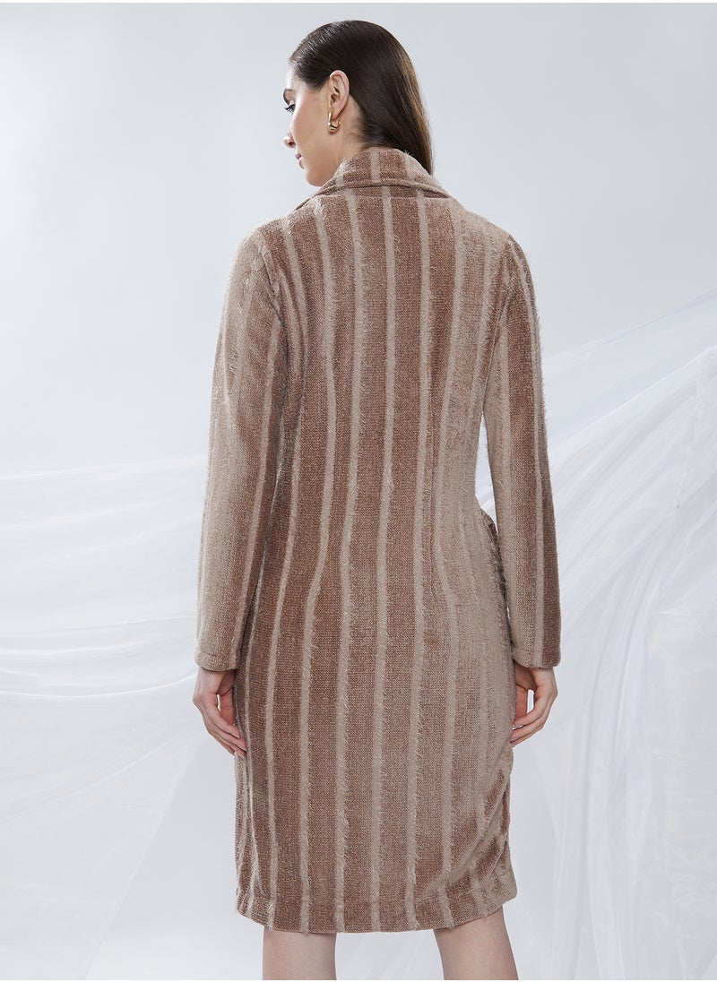Women's Ash Brown Single-Breasted Striped Long Coat