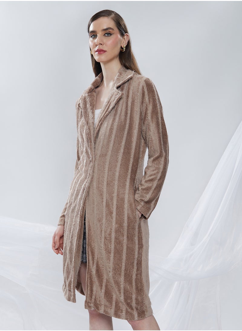 Women's Ash Brown Single-Breasted Striped Long Coat