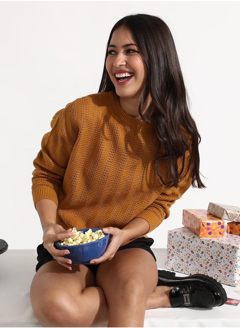 Women's Mustard Yellow Self-Design Pullover Sweater