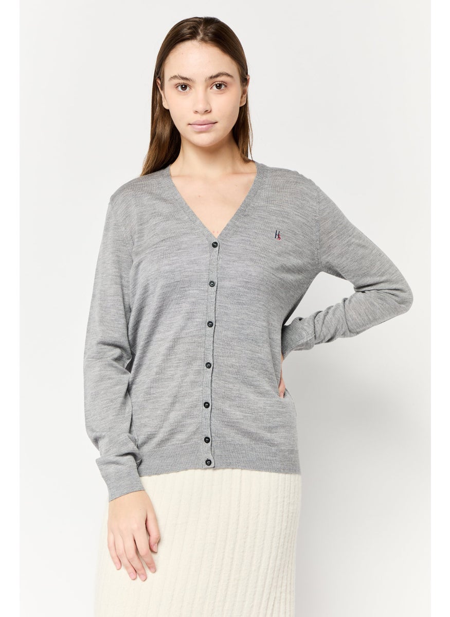 Women V-Neck Embroidered Logo Cardigan, Grey