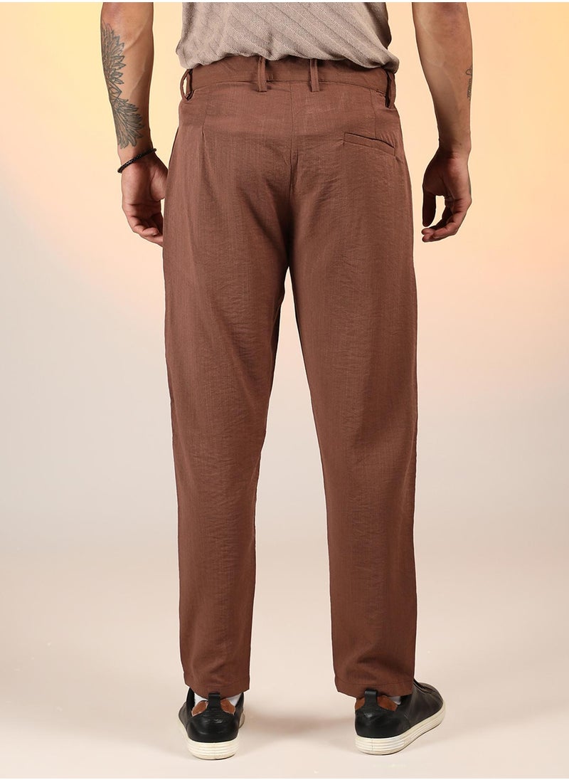 Men's Chesnut Brown Slim-Fit Pleated Trousers