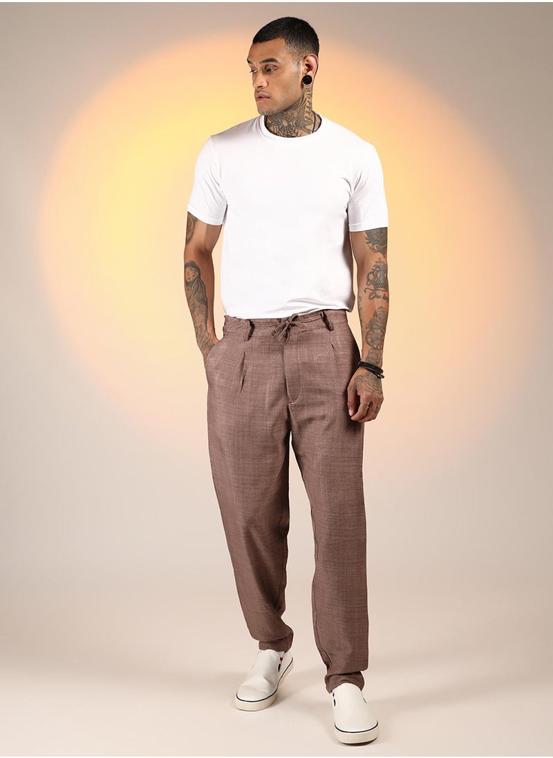 Men's Ash Brown Solid Pleated Trousers