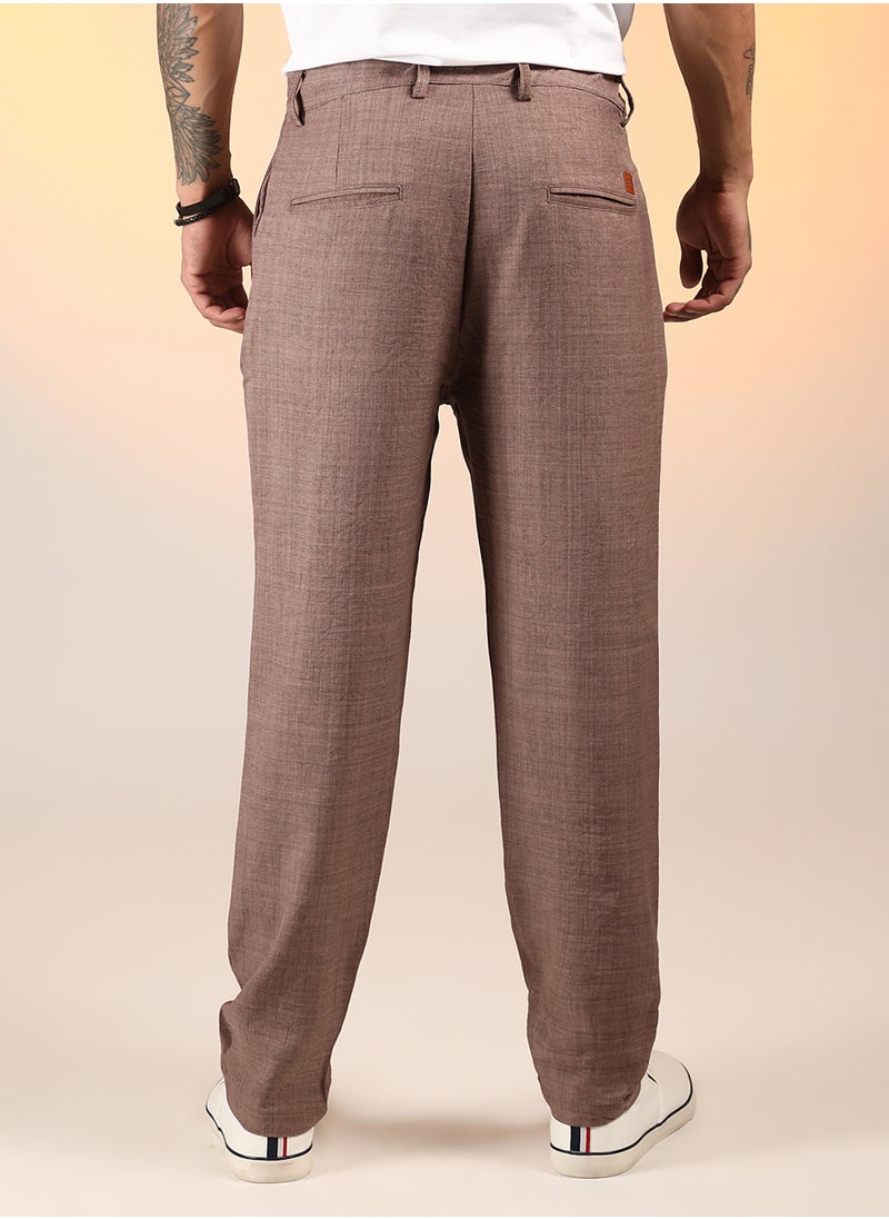Men's Ash Brown Solid Pleated Trousers